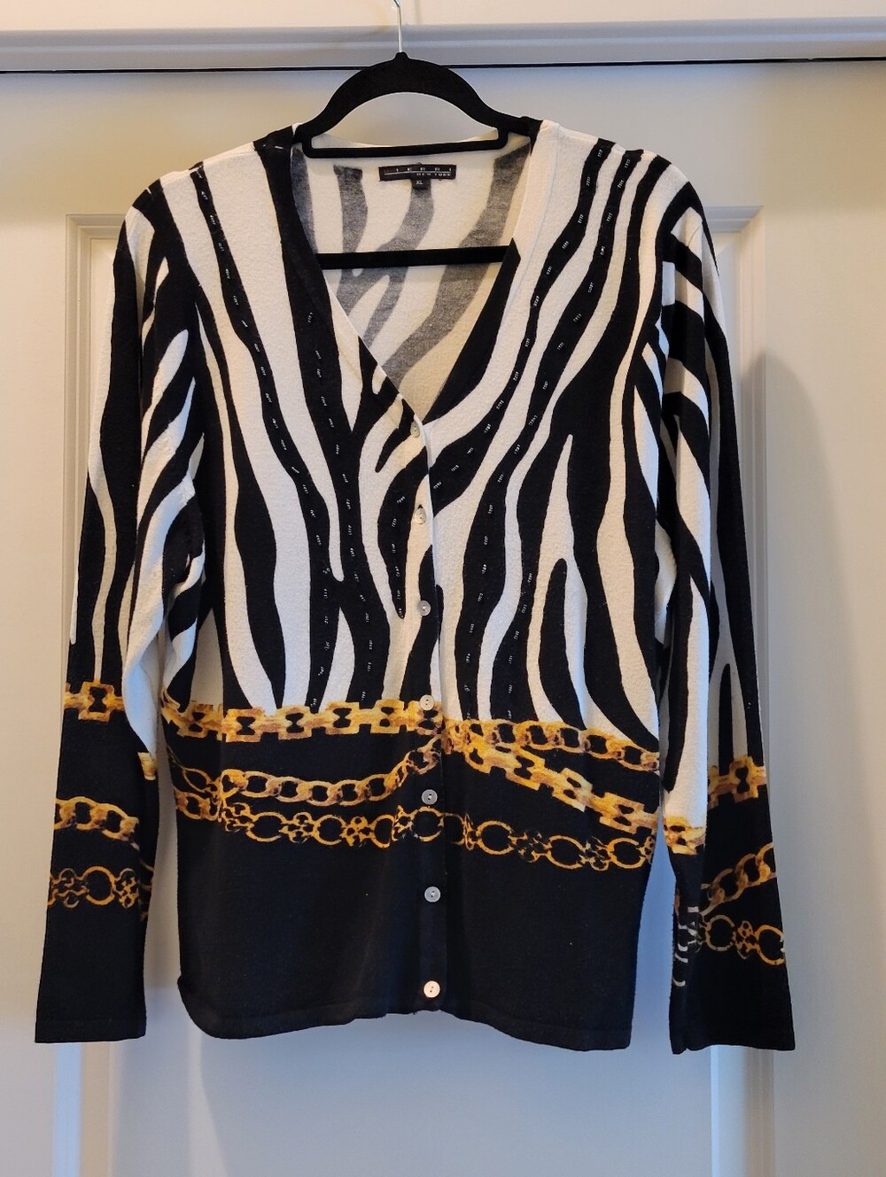 Pierri Brand,XL. Black & White Zebra-Print Cardigan with Gold Chain Border
